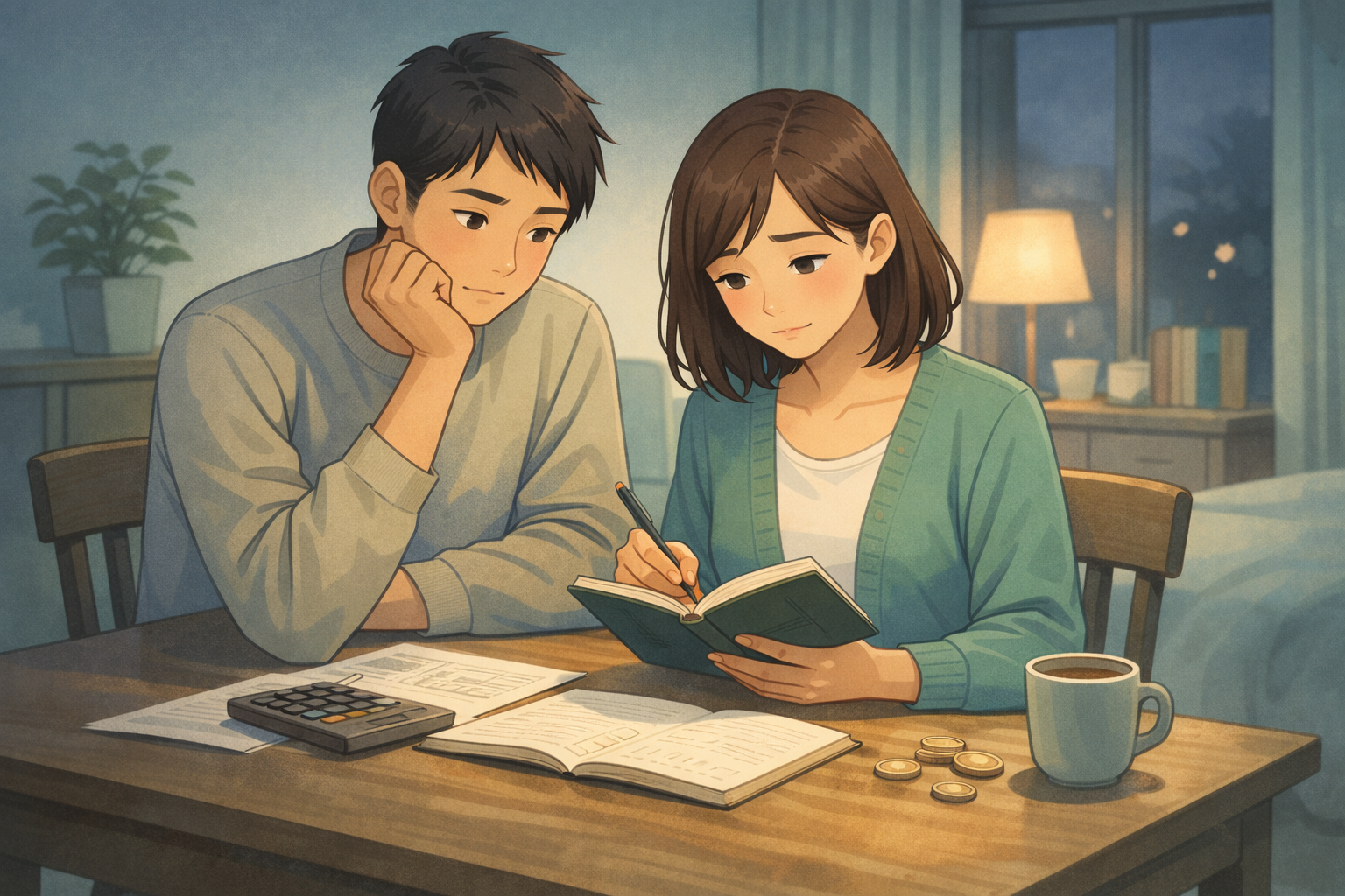 30代夫婦が落ち着いた雰囲気の部屋で、お金との向き合い方を話し合っている様子