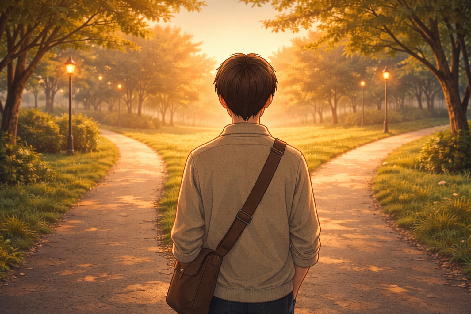 分かれ道の前で立ち止まり、これからの生活をどう守るか静かに選ぼうとしている30代の姿