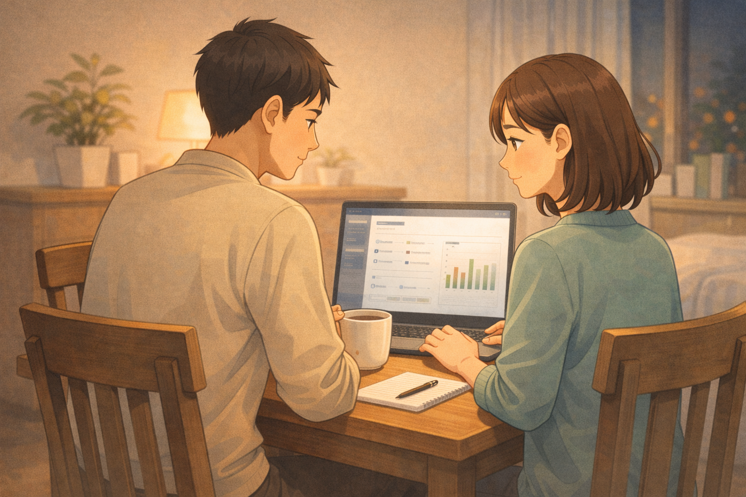 自宅のダイニングでノートパソコンを見ながら、生活防衛のための仕組みについて静かに確認する30代夫婦