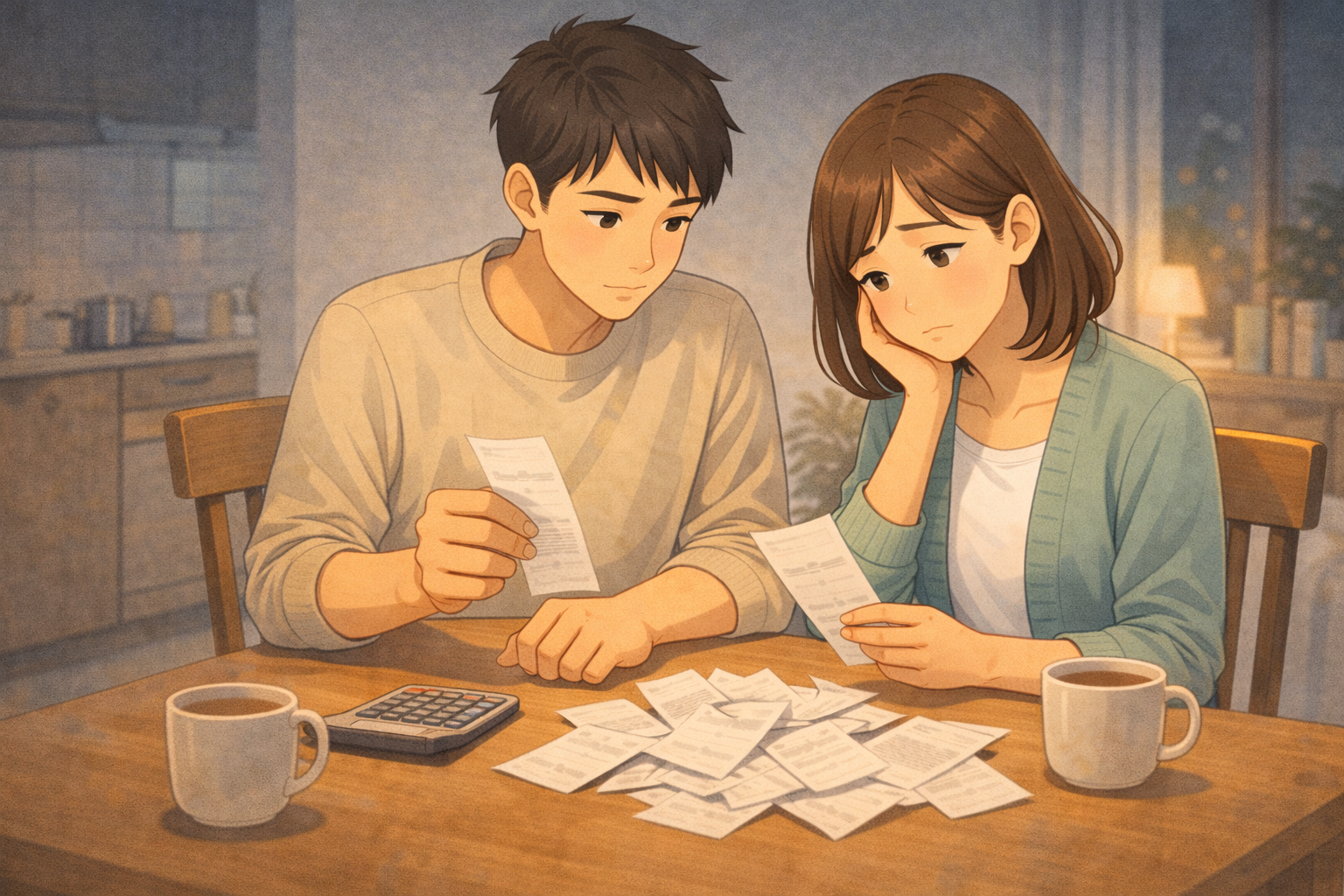 30代夫婦が家計を確認しながら、貯金だけでは不安な現実と向き合っている様子