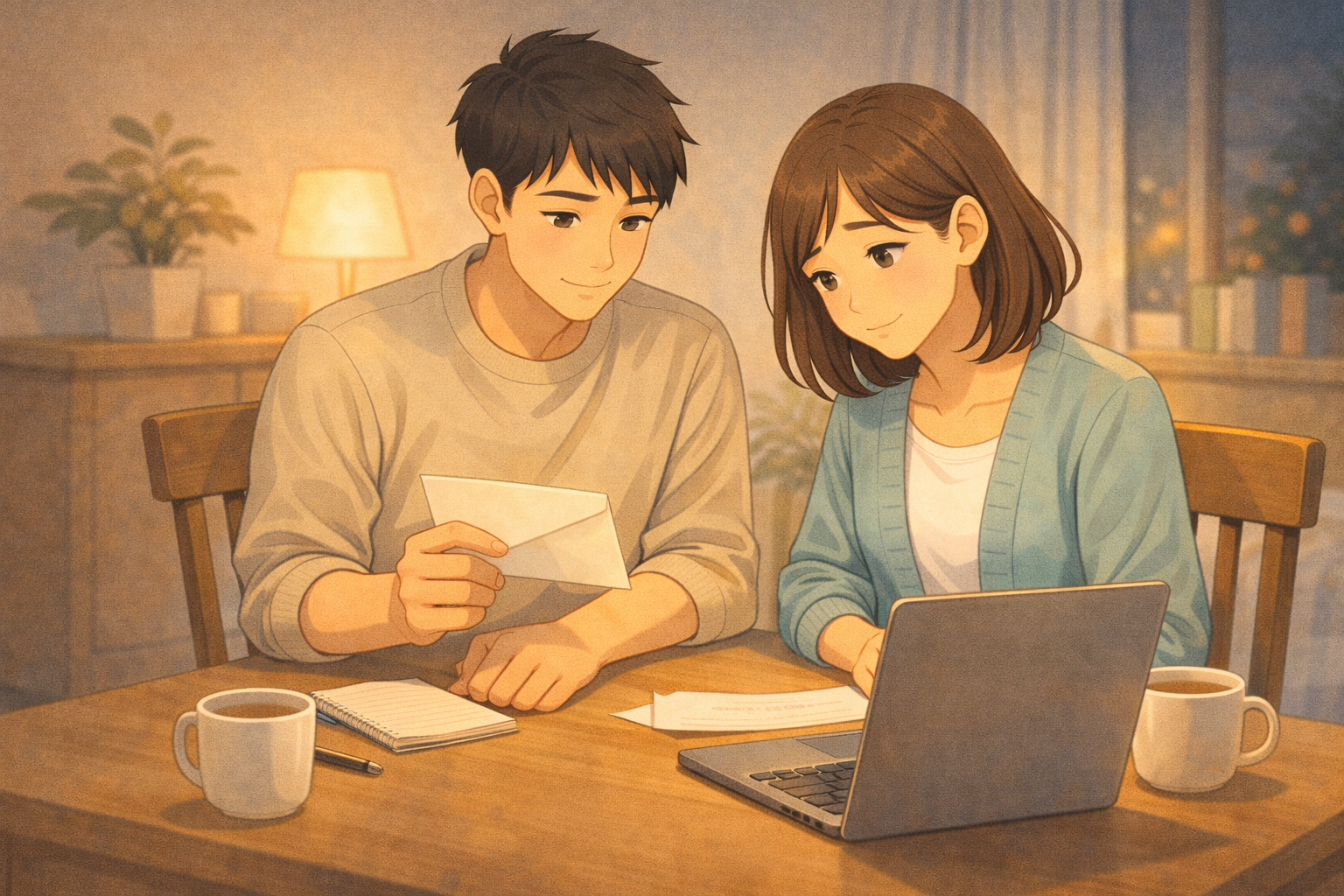 30代夫婦が自宅のリビングで、生活防衛の考え方を踏まえた今後の案内を一緒に読んでいる様子