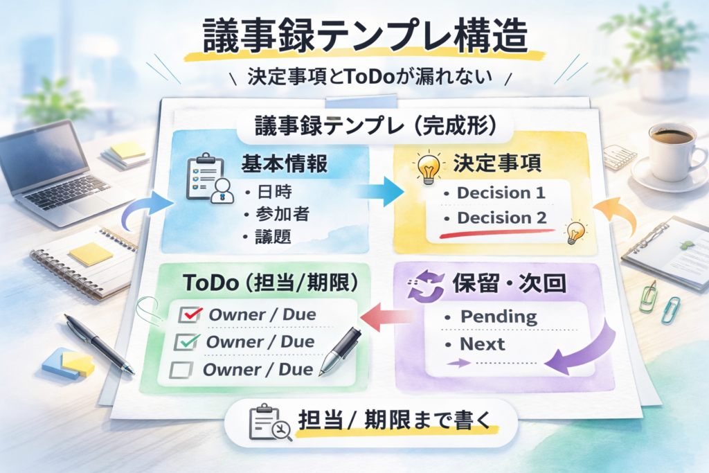 議事録テンプレ構造の図解(基本情報・決定事項・ToDo〈担当/期限〉・保留/次回の4枠)