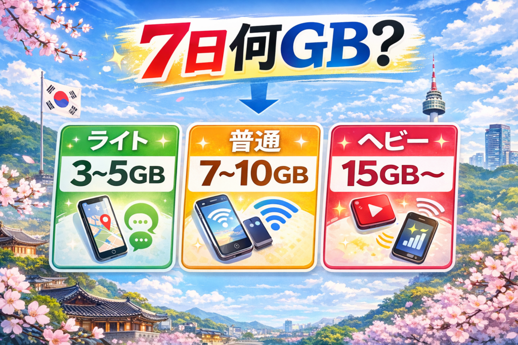 7日旅行の容量早見：ライト3〜5GB・普通7〜10GB・ヘビー15GB〜