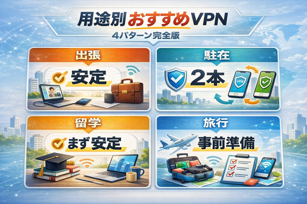 用途別おすすめVPN（出張・駐在・留学・旅行）早見図解