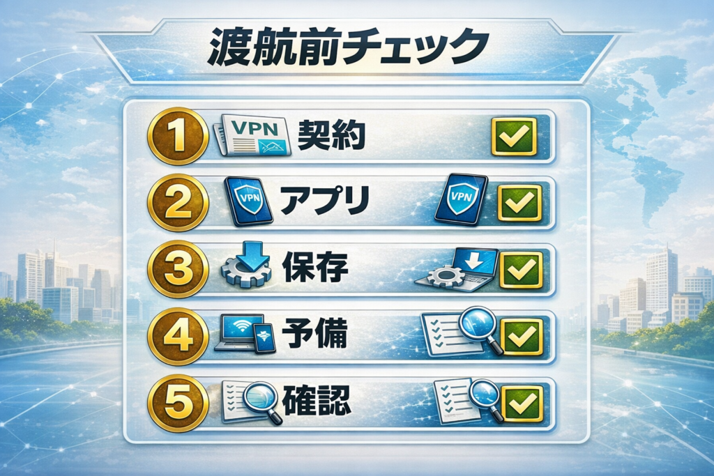 渡航前チェック5手順（契約・アプリ・保存・予備・確認）図解