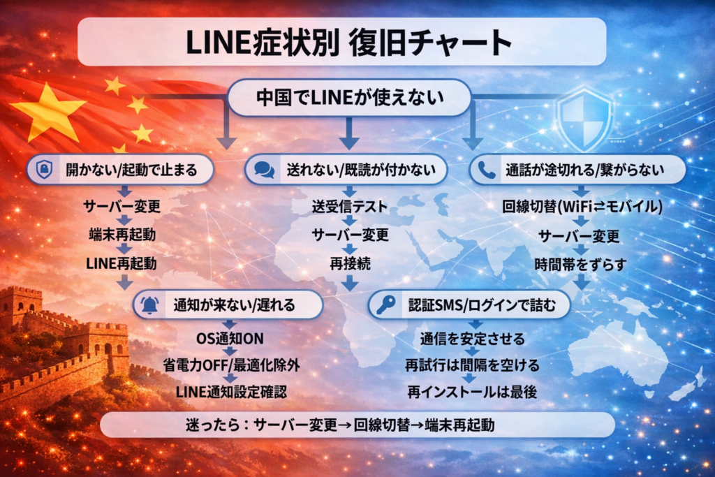 中国でLINEが使えない時の症状別復旧チャート（開かない・送れない・通話不良・通知遅延・認証SMS対策）