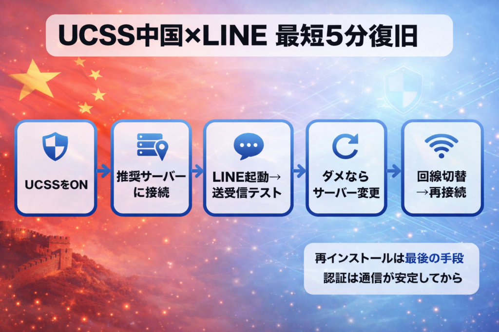 UCSS中国×LINEの最短5分復旧フロー図（サーバー変更・回線切替の手順）