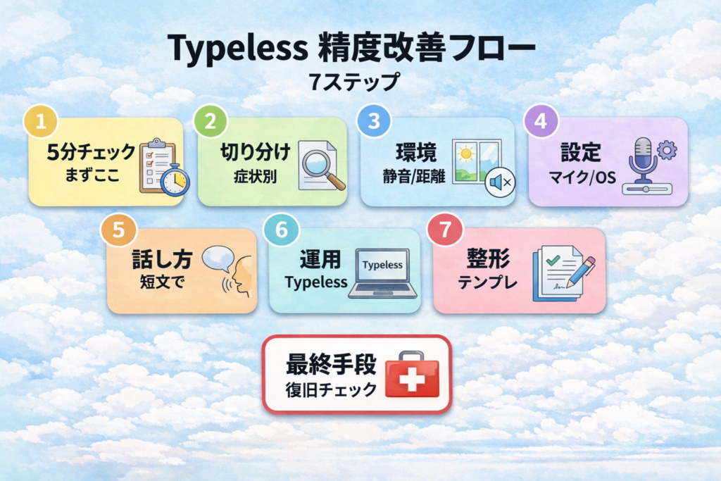 Typelessの精度改善フローを7ステップでまとめた図解（5分チェック・切り分け・環境・設定・話し方・運用・整形テンプレ）と最終手段