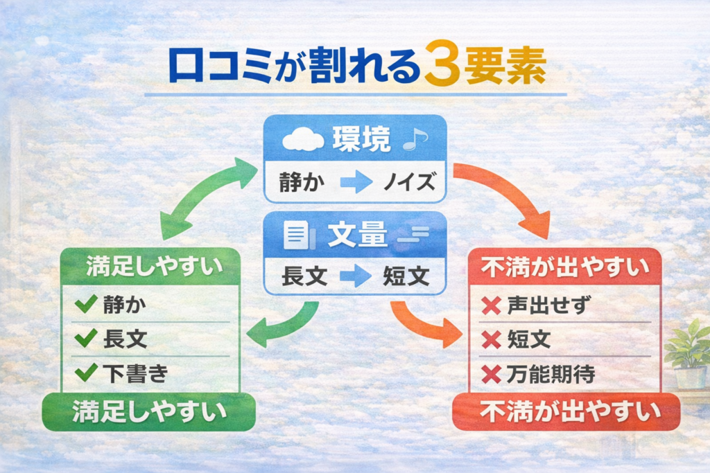 Typeless口コミが割れる3要素（環境・文量・期待）と満足/不満の分岐図