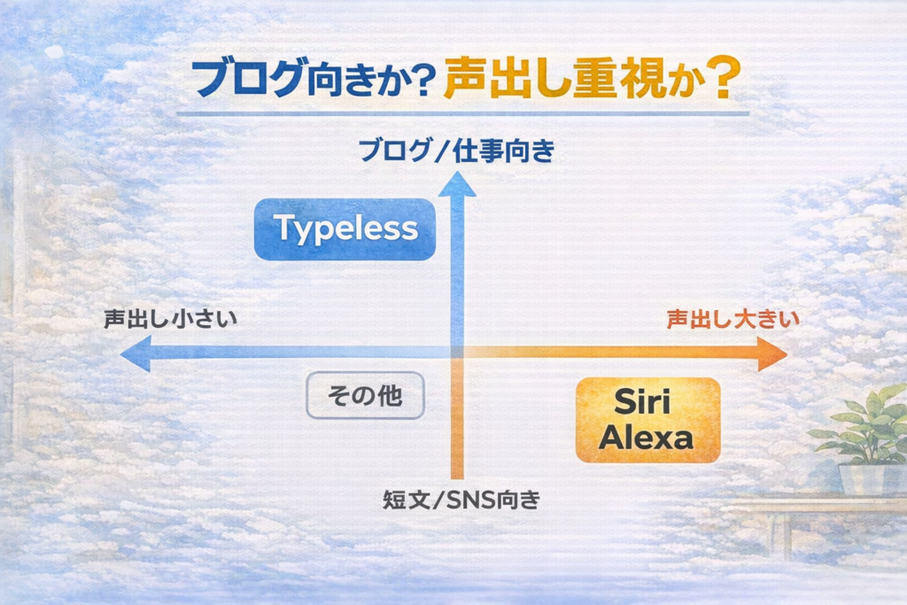 Typelessと他ツールの比較マトリクス図（ブログ/仕事向きと短文/SNS向き、声出し小さい〜大きい）