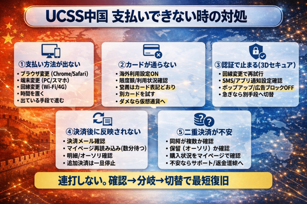 UCSS中国で支払いできない時の対処図。支払い方法が出ない・カードが通らない・3Dセキュアで止まる・決済後に反映されない・二重決済が不安の5パターン別に、確認→分岐→切替の手順をまとめたチェックリスト。