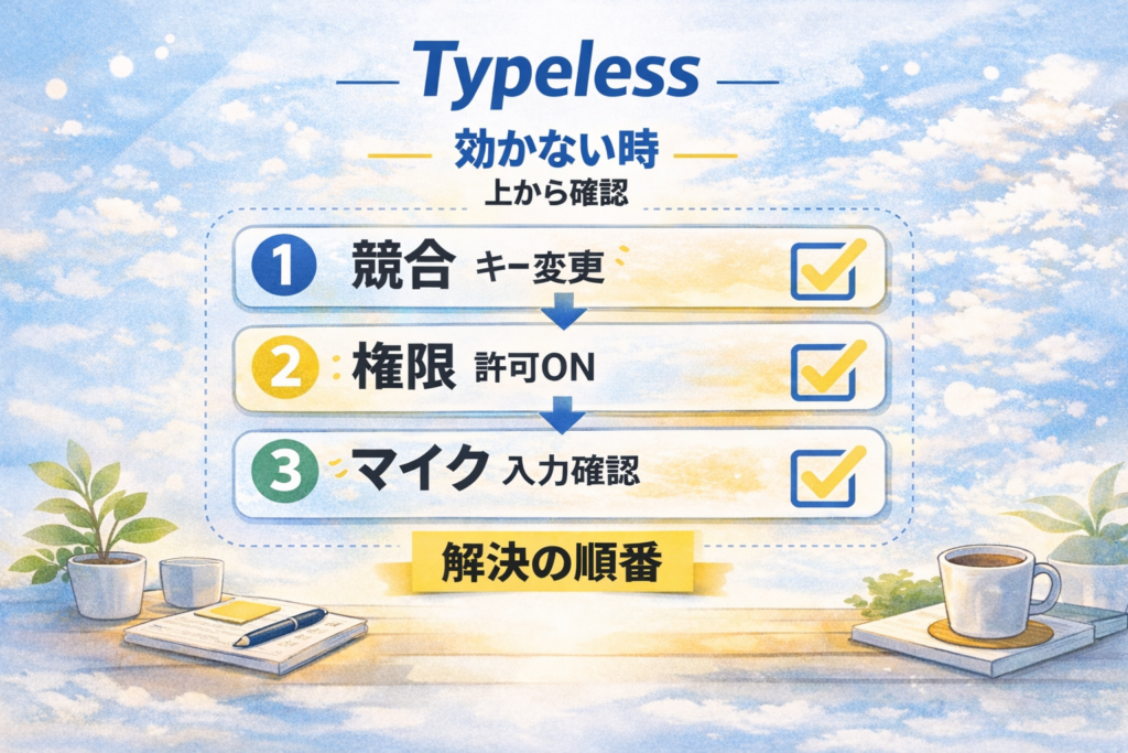 Typelessが効かない時の確認手順を図解。上から①競合（キー変更）②権限（許可ON）③マイク（入力確認）の順でチェックして解決する流れ。