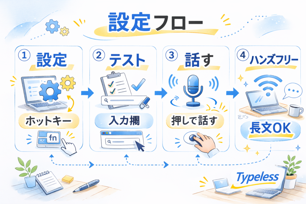 Typelessの設定フロー図解。①設定（ホットキー）→②テスト（入力欄）→③話す（押して話す）→④ハンズフリー（長文OK）の4ステップをアイコンで説明。