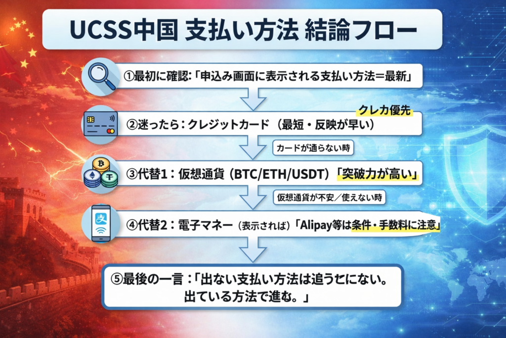 UCSS中国の支払い方法の結論フロー図。申込み画面の表示を確認し、迷ったらクレジットカード、通らなければ仮想通貨、次に電子マネーへ切り替える流れを示す。赤（中国）×青（セキュリティ）の背景。