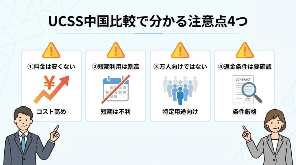 UCSS中国比較で分かる注意点4つの図解。料金は安くない、短期利用は割高、万人向けではない、返金条件は要確認を整理