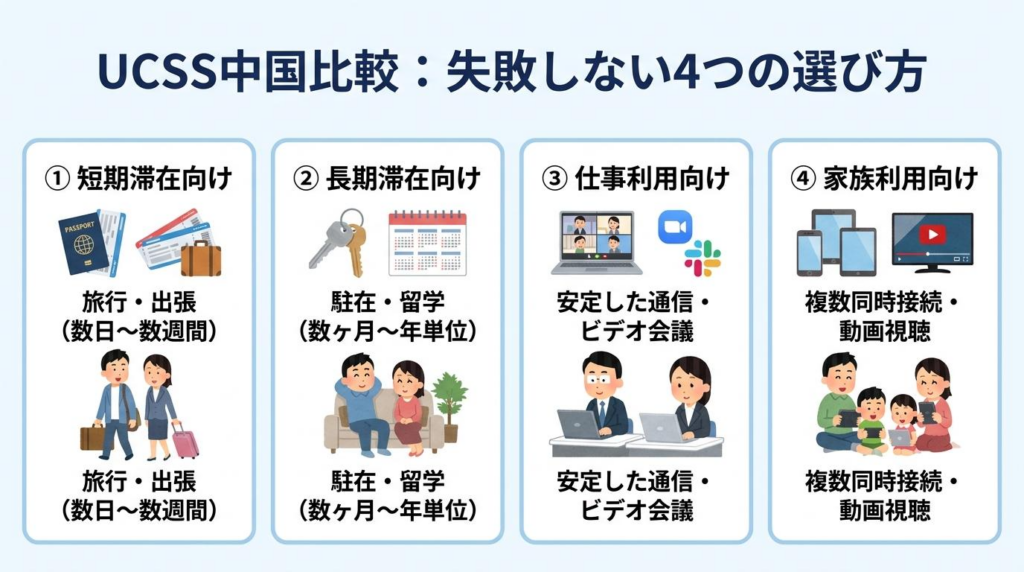 UCSS中国比較で失敗しない4つの選び方をまとめた図解。短期滞在、長期滞在、仕事利用、家族利用ごとの選び方を紹介