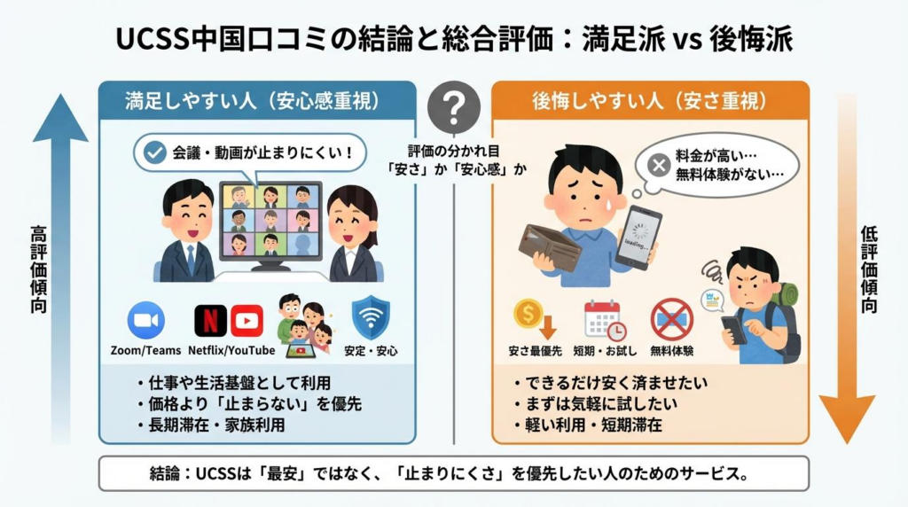 UCSS中国口コミの満足しやすい人と後悔しやすい人を比較した図解