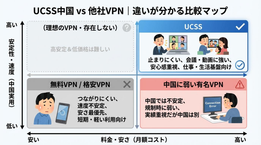 UCSS中国と他社VPNの違いを料金と安定性で比較した図解