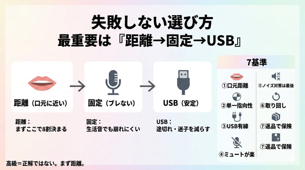 typelessのマイク選び図解｜最重要は距離→固定→USB、7基準で失敗を防ぐ