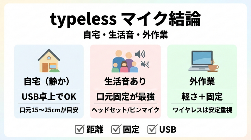 typelessマイク結論の図解｜自宅・生活音・外作業の最適解（距離・固定・USB）