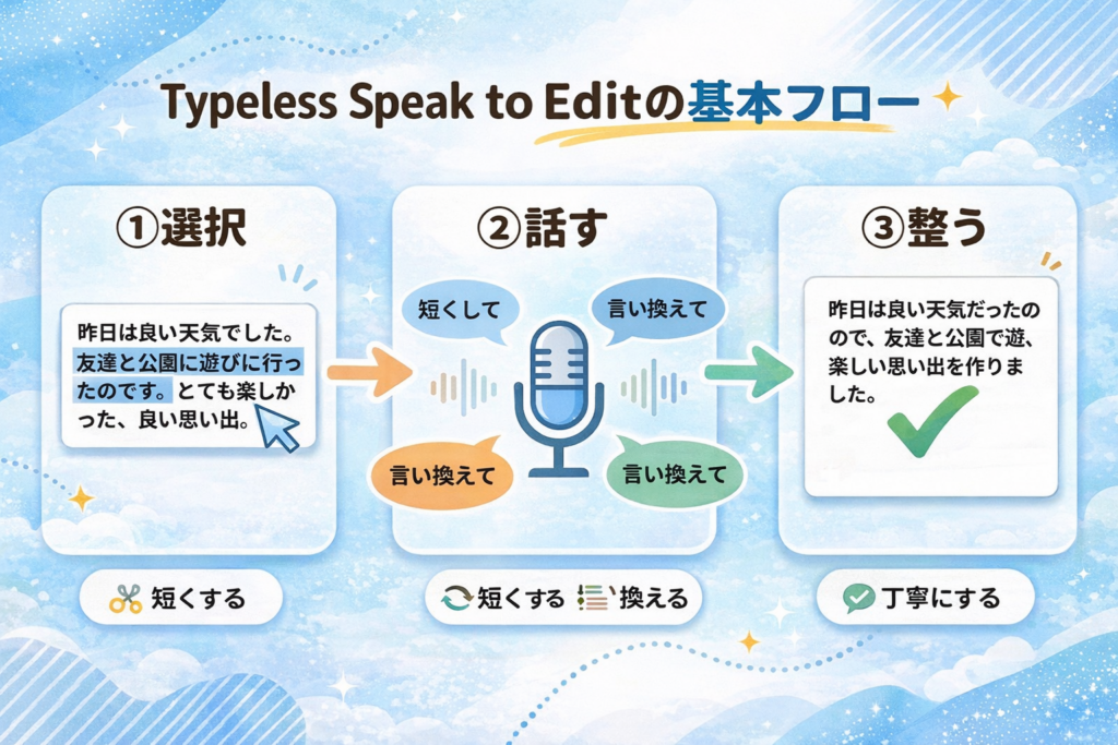 Typeless Speak to Editの基本フローを3ステップで示した図解画像
