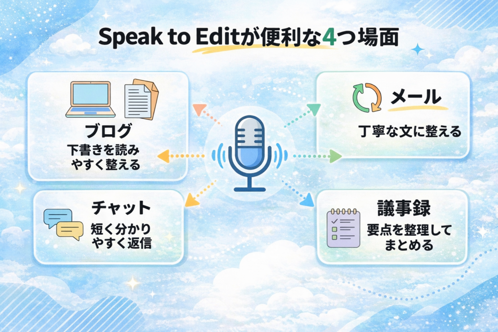 alt="Speak to Editが便利な4つの場面を示した図解画像"