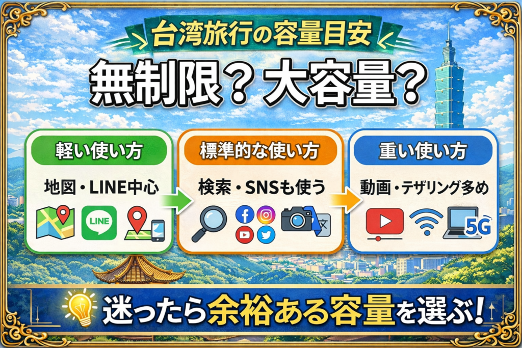 台湾eSIMの無制限と大容量を使い方別に比較した図解