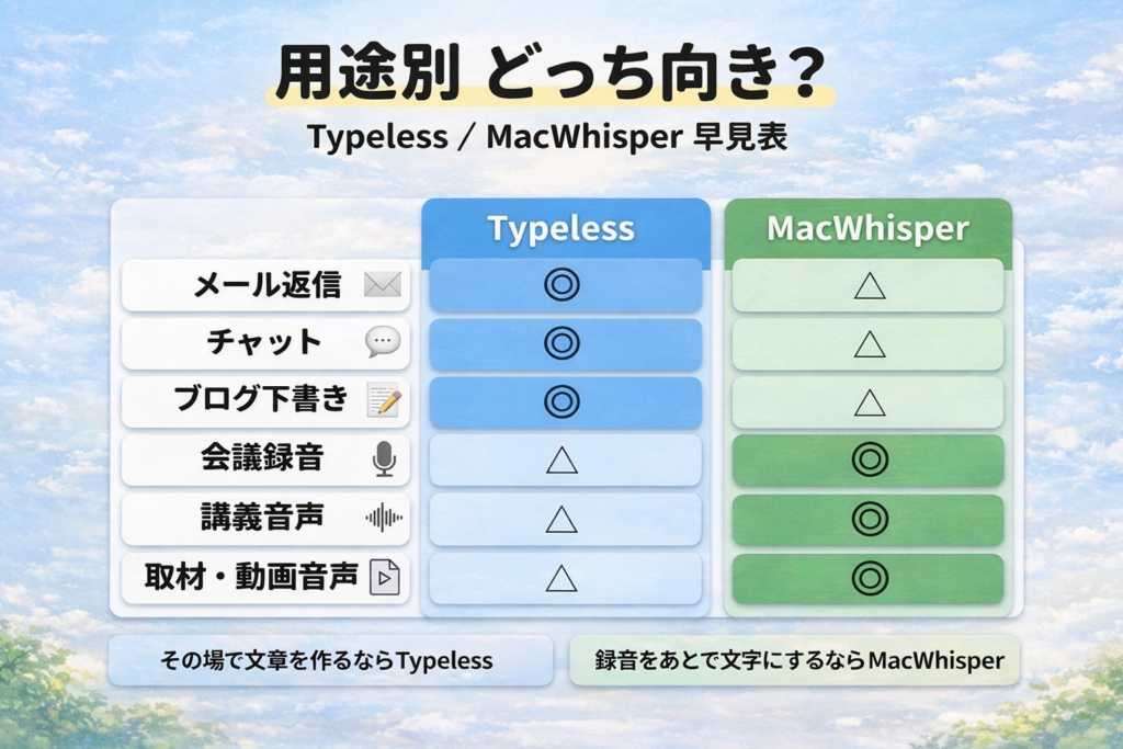 TypelessとMacWhisperの用途別比較早見表。メール返信・チャット・ブログ下書きはTypeless向き、会議録音・講義音声・取材や動画音声はMacWhisper向きと分かる図解