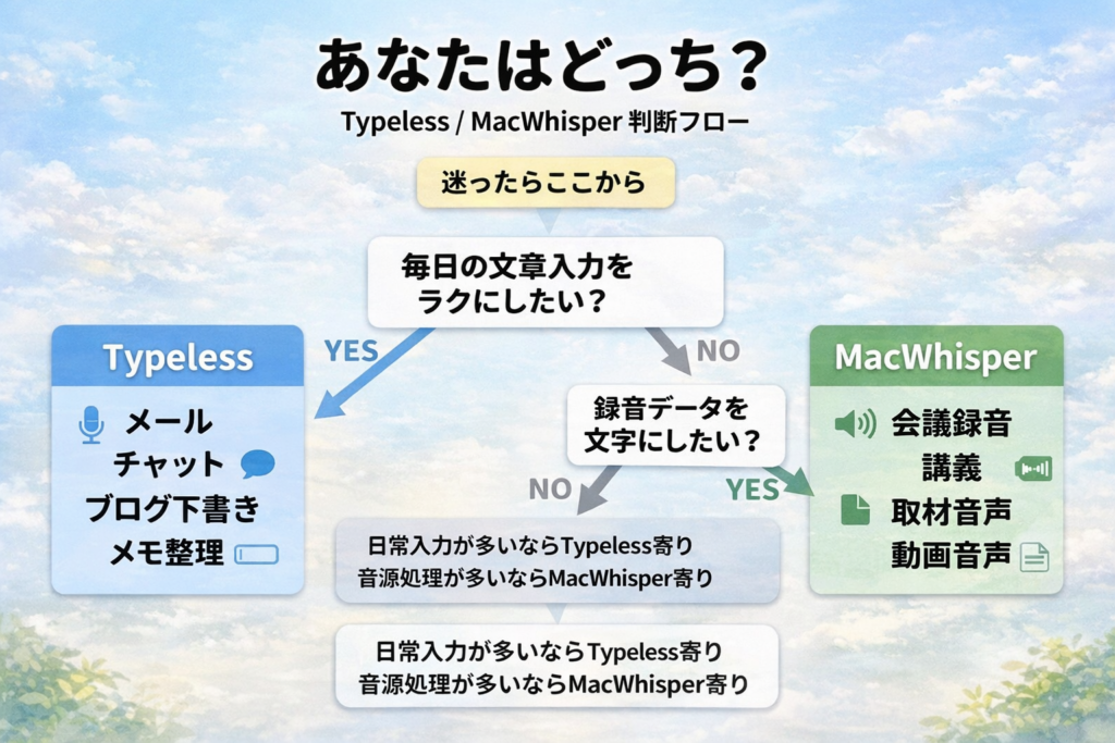 TypelessとMacWhisperの判断フロー図。毎日の文章入力をラクにしたいならTypeless、録音データを文字にしたいならMacWhisperと分かる図解