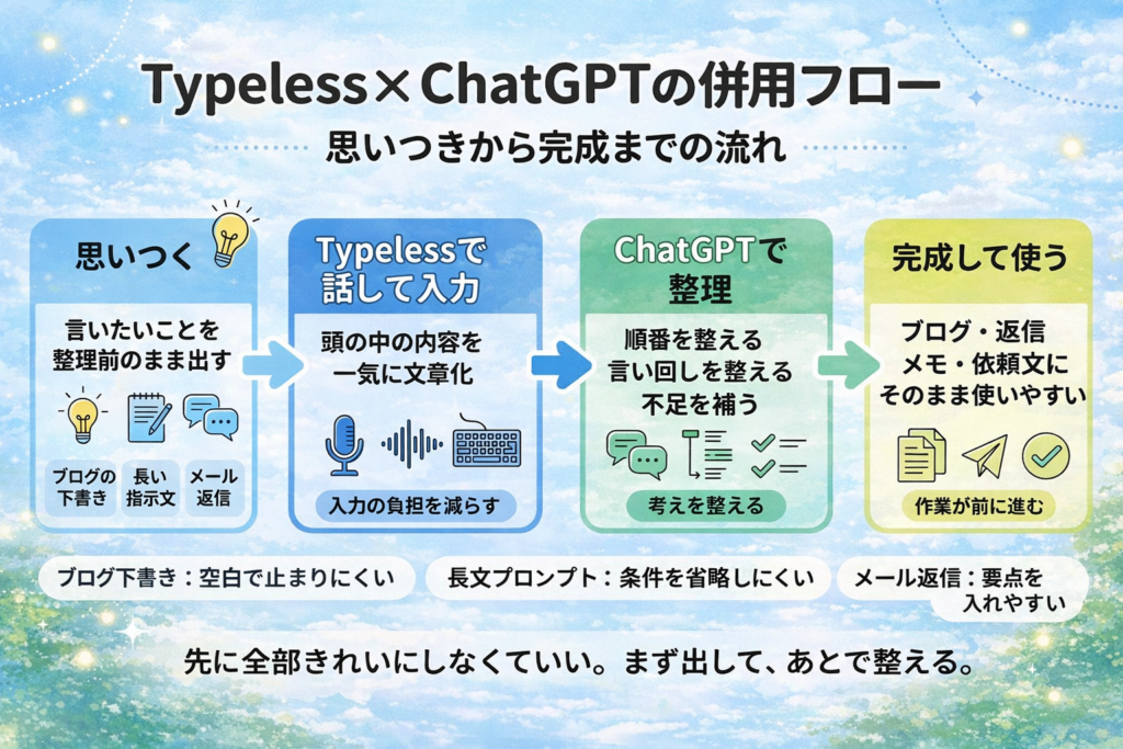 TypelessとChatGPTの併用フローを示し、思いつきを出して整理し完成まで進める流れをまとめた図解