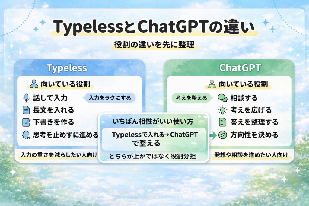 TypelessとChatGPTの役割の違いを比較し、Typelessで入力してChatGPTで整える使い方を示した図解