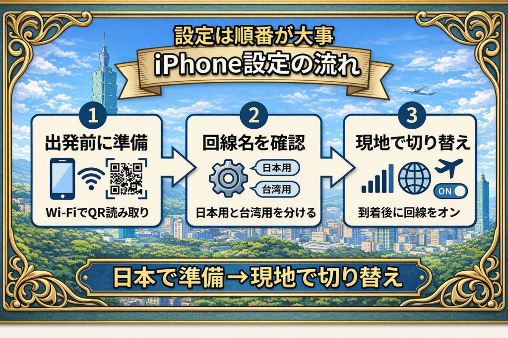 台湾eSIMのiPhone設定手順を3ステップで示した図解
