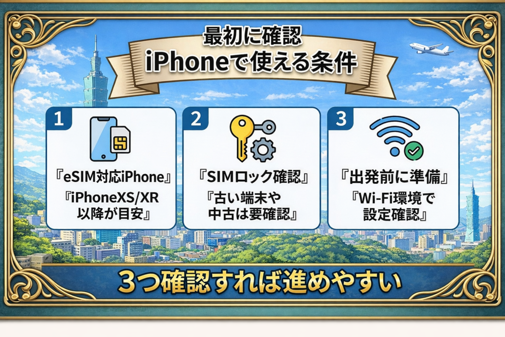 台湾eSIMをiPhoneで使うための3つの確認ポイントを示した図解