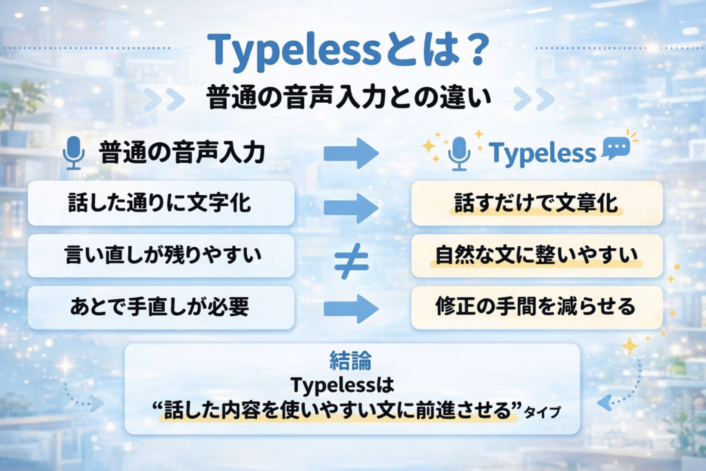 Typelessと普通の音声入力の違いを比較した図解