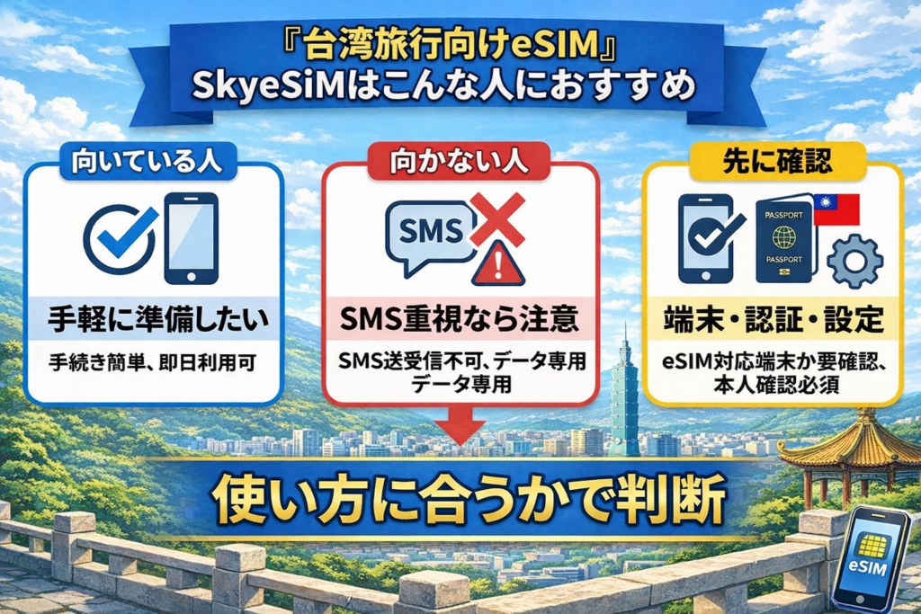 台湾eSIMのSkyeSiMに関する比較図解。向いている人、向かない人、事前確認を整理した画像