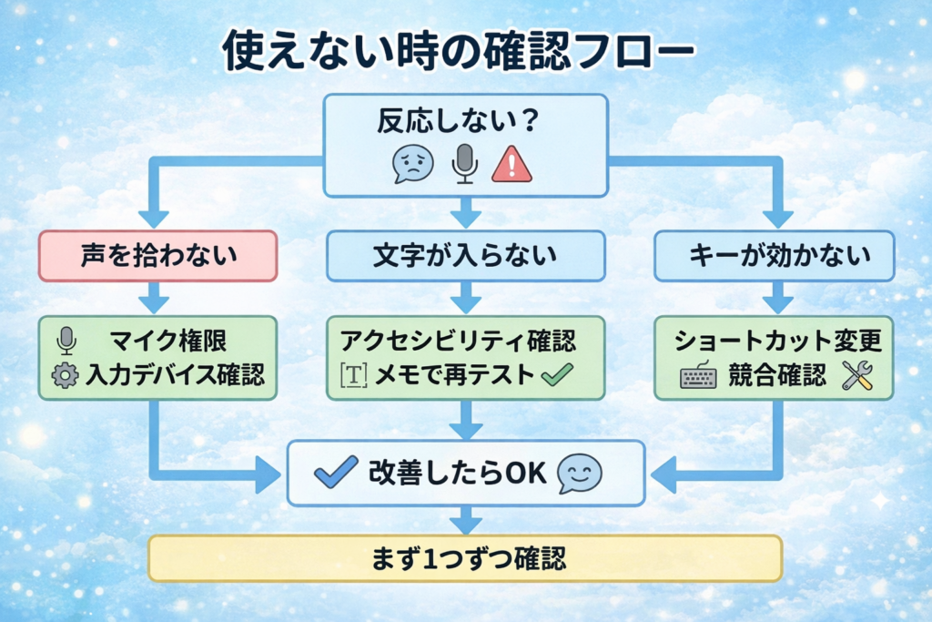 使えない時の確認フローをまとめた図解。反応しない、文字が入らない、キーが効かない時の確認手順を分岐で示している