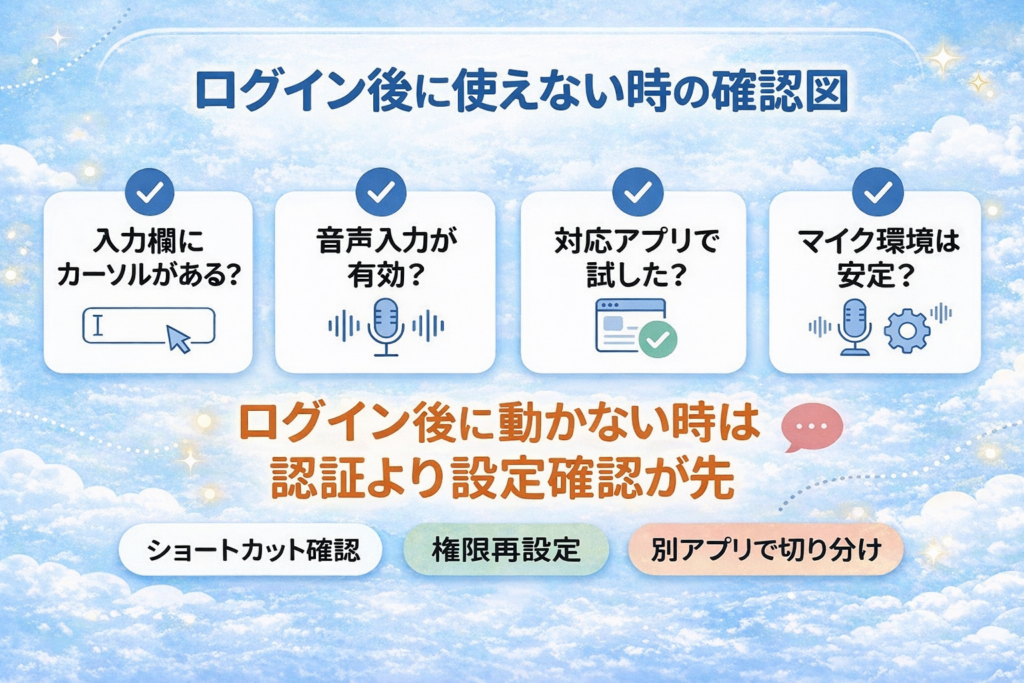 Typelessログイン後に使えない時の確認ポイントを、カーソル・音声入力・対応アプリ・マイク環境で整理した図解