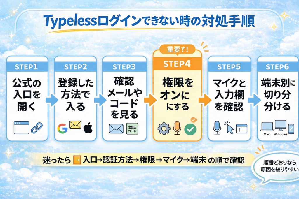 Typelessログインできない時に、入口確認から端末別の切り分けまで順番に確認する対処手順の図解