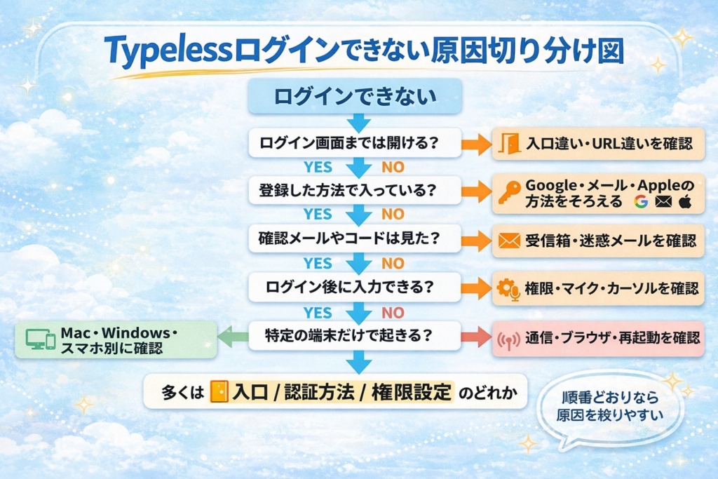 Typelessにログインできない時の原因を、入口・認証方法・権限設定で切り分ける図解