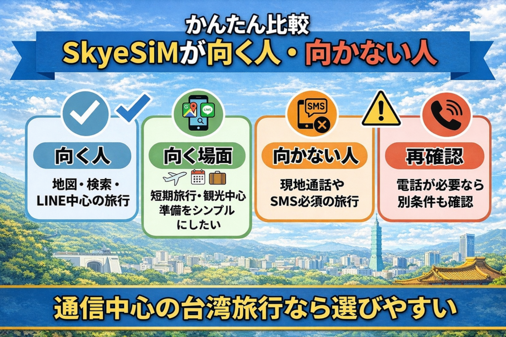 SkyeSiMが向く人・向かない人を比較した台湾eSIMの図解