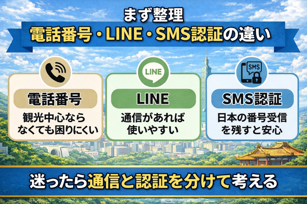 台湾eSIMで電話番号・LINE・SMS認証の違いを整理した図解