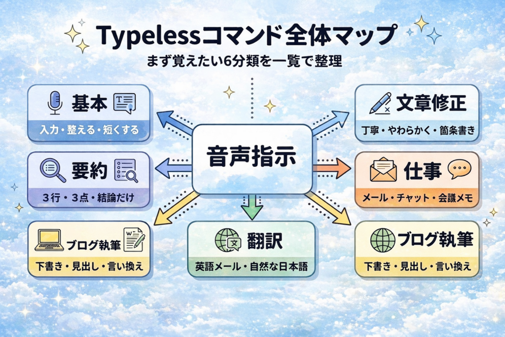 Typelessコマンド全体マップの図解。基本、文章修正、仕事、ブログ執筆、翻訳、要約の6分類を音声指示の中心から整理した一覧図