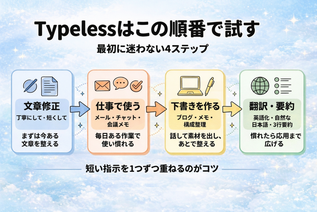 Typelessはこの順番で試す流れを4ステップで示した図解。文章修正、仕事で使う、下書きを作る、翻訳・要約の順に進める構成