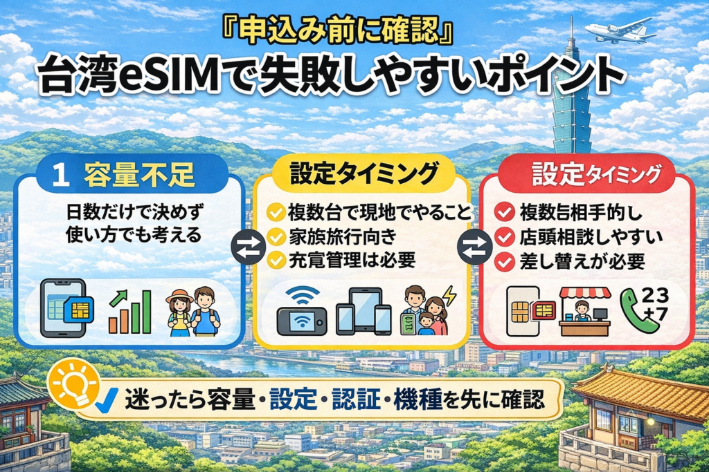 台湾eSIMで失敗しやすいポイントをまとめた申込み前チェック用の図解画像