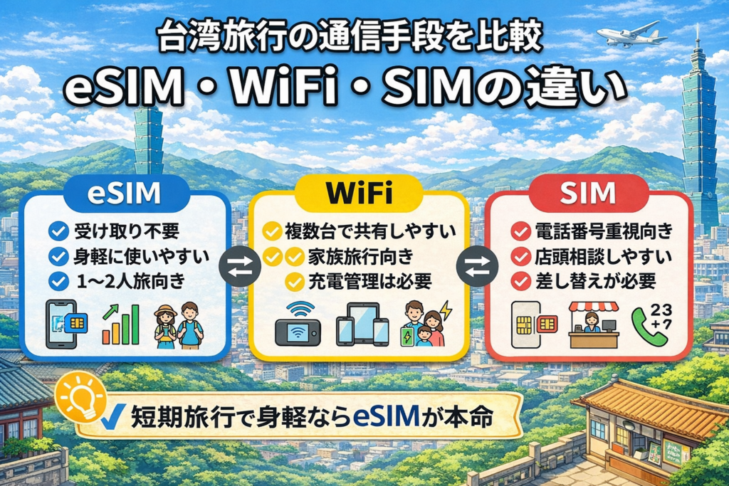 台湾旅行の通信手段を比較したeSIM・WiFi・SIMの違いがわかる図解画像