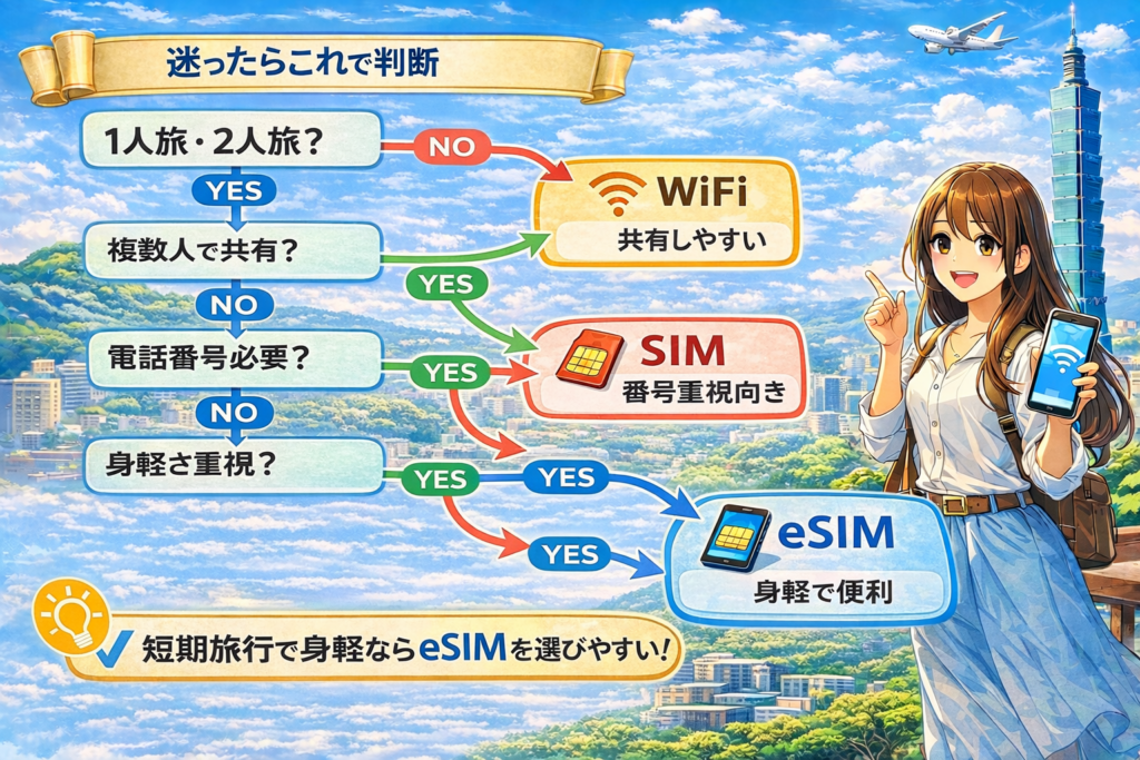 台湾旅行で自分に合う通信手段を選ぶためのフローチャート図解