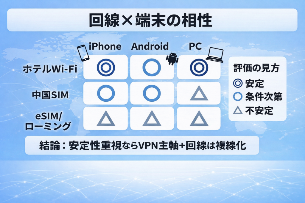 回線×端末の相性を表で比較し、ホテルWi-Fi・中国SIM・eSIM/ローミングとiPhone・Android・PCの安定度を示した図解