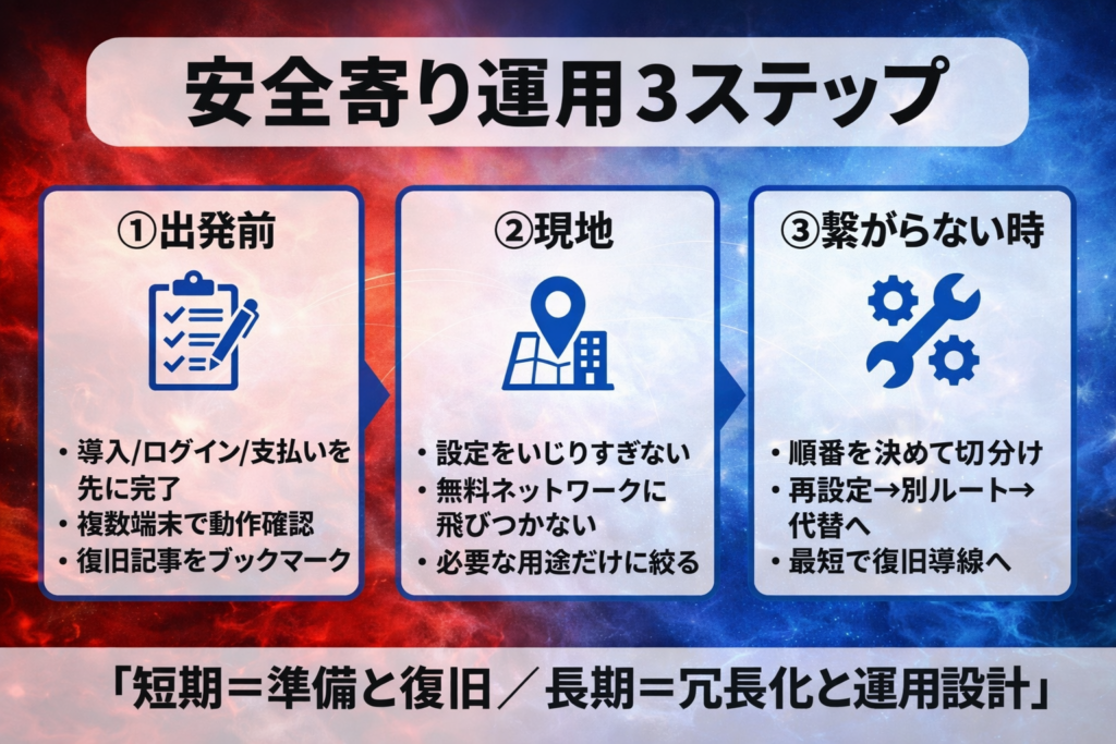 中国滞在でのVPN「安全寄り運用3ステップ」を示す図解。出発前・現地・繋がらない時の行動をチェックリスト形式でまとめたインフォグラフィック。