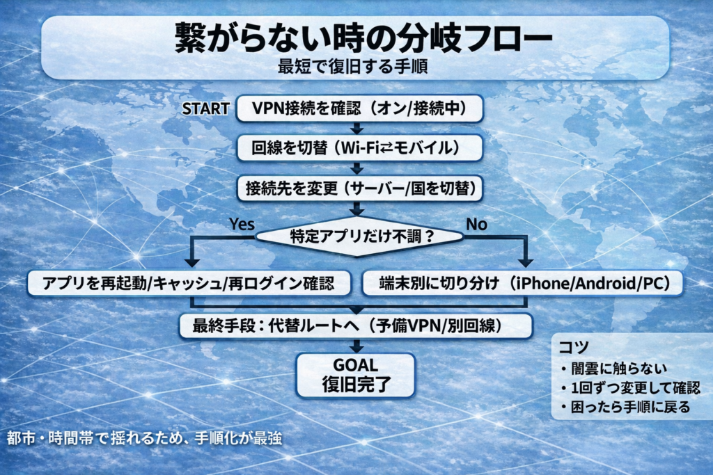 中国で繋がらない時の分岐フロー図。VPN接続確認→回線切替（Wi-Fi/モバイル）→接続先変更→特定アプリ不調の切り分け→端末別確認→代替ルートで復旧する手順。