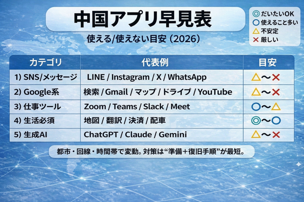 中国で使える・使えないアプリ早見表（2026）。SNS/メッセージ、Google系、仕事ツール、生活必須、生成AIの目安を◎○△×で一覧化。